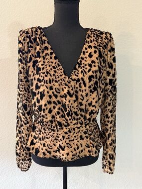 ASTR The Label Womens Medium Black Brown Blouse Leopard Burnout Wrap Peplum